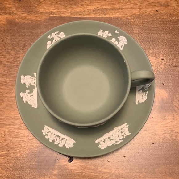 Vintage Wedgwood Sage Green Jasperware Teacup and Saucer Set - Picture 6 of 10